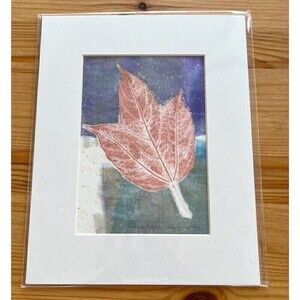 Maple Leaf Art Print Monotype Block Oil Ink Fall Autum Sz 5 x 7 Burgundy Green